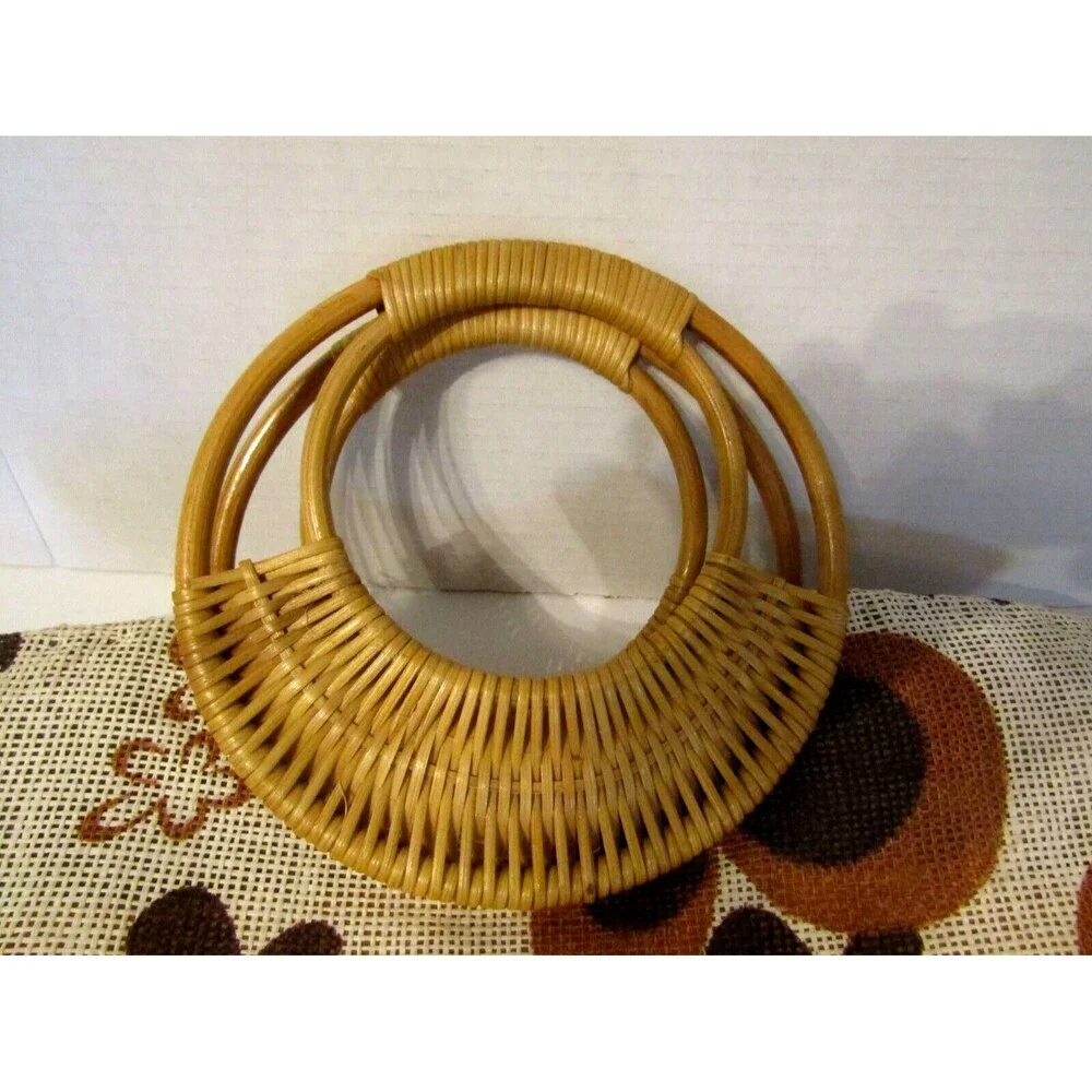Large Floral Tote Vintage 70s Brown Canvas Rattan Purse Bag Lined Boho Hippie